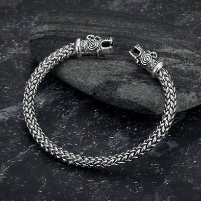 Small Handcrafted Stainless Steel Grey Wolf Head Torc Bracelet