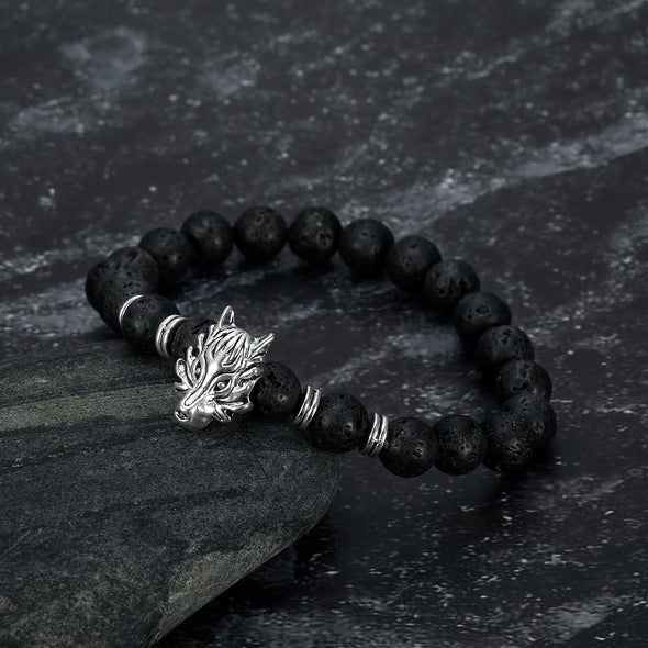 Grey Wolf Head and Lava Stone Bracelet