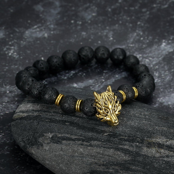 Grey Wolf Head and Lava Stone Bracelet