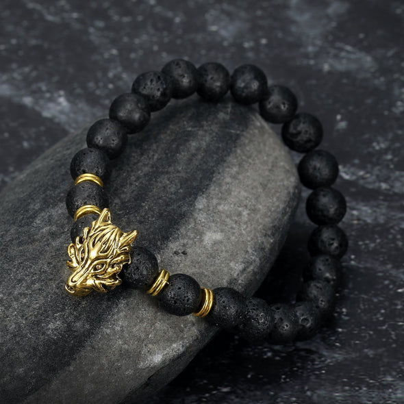 Grey Wolf Head and Lava Stone Bracelet