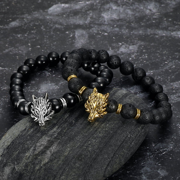 Grey Wolf Head and Lava Stone Bracelet